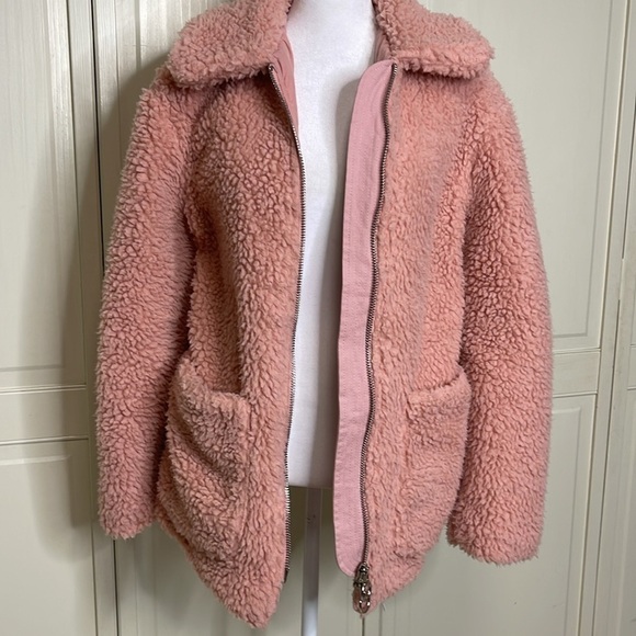 Topshop Women’s Borg Zip Up Teddy Sherpa Jacket Coat Pink Sz 6 Oversized Cuddly - Picture 7 of 12